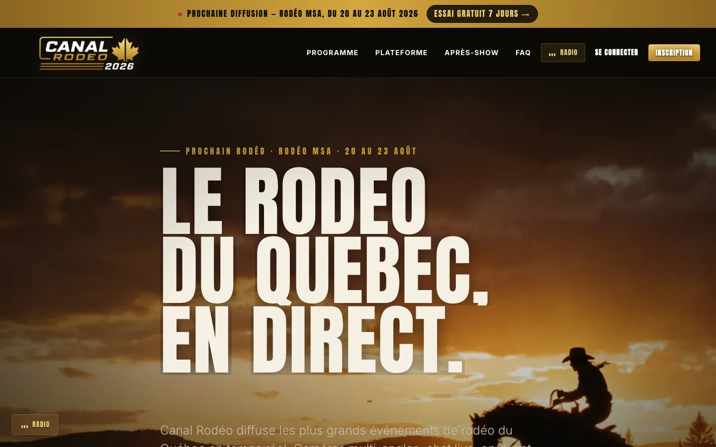 Accueil de Canal Rod&eacute;o : cavalier au coucher de soleil et prochaine diffusion en direct