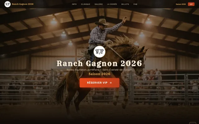 Accueil du site de Ranch Gagnon : photo de rod&eacute;o et bouton de r&eacute;servation VIP